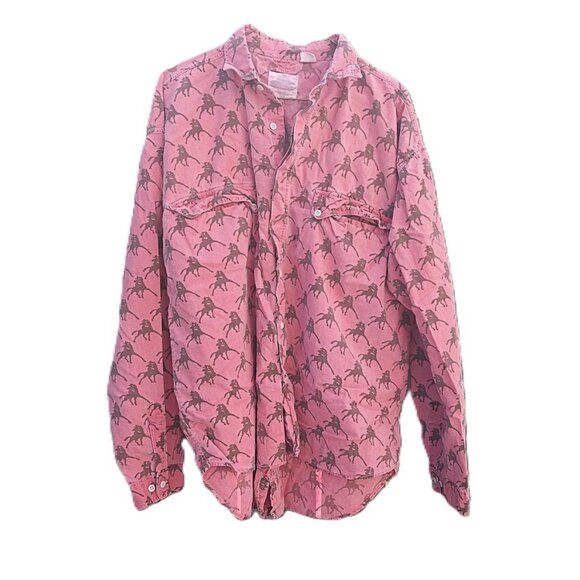 Vintage 80s Pink Cowboy Print Shirt 48" Chest Large Cotton Chambray - Picture 1 of 10